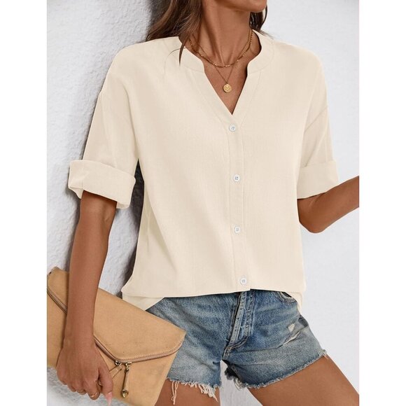 Women's Cotton Linen 3/4 Sleeve Button Down Shirt V Neck Casual Top - Picture 3 of 6